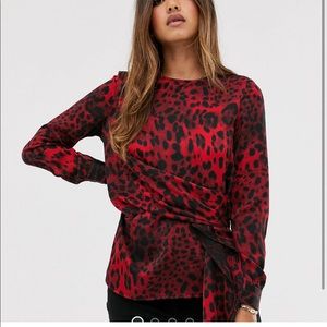 Unique21 Leopard print long sleeve tie front blouse